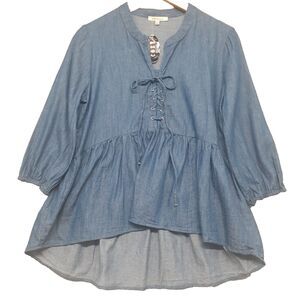 Cozy Casual Women Sz M Chambray Babydoll Top 3/4 Puff Sleeves Blouse Boho Casual